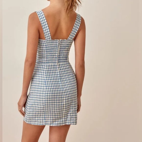 NEW Reformation Brigitte Linen Dress Blue and White Gingham Azure Check | size 2 - Picture 3 of 12